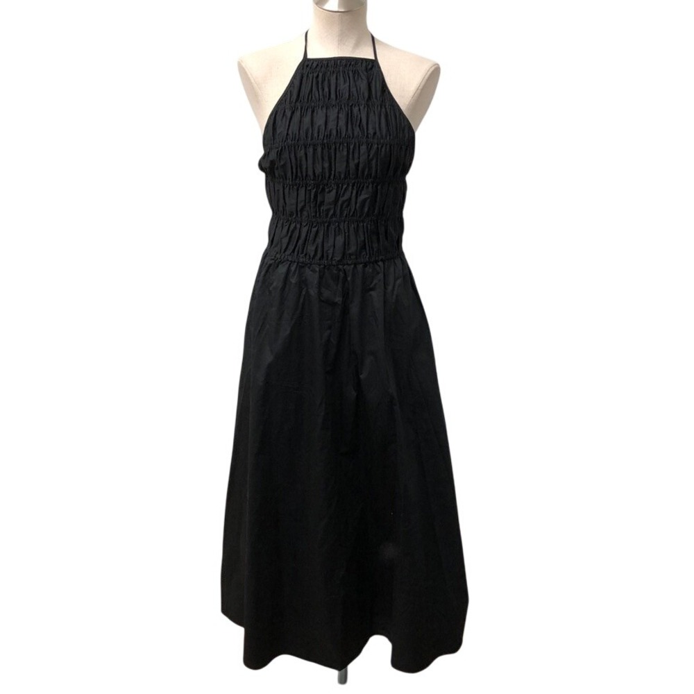 Solid & Striped Halter Dress Womens Medium Black Smocked Cotton Maxi Pockets